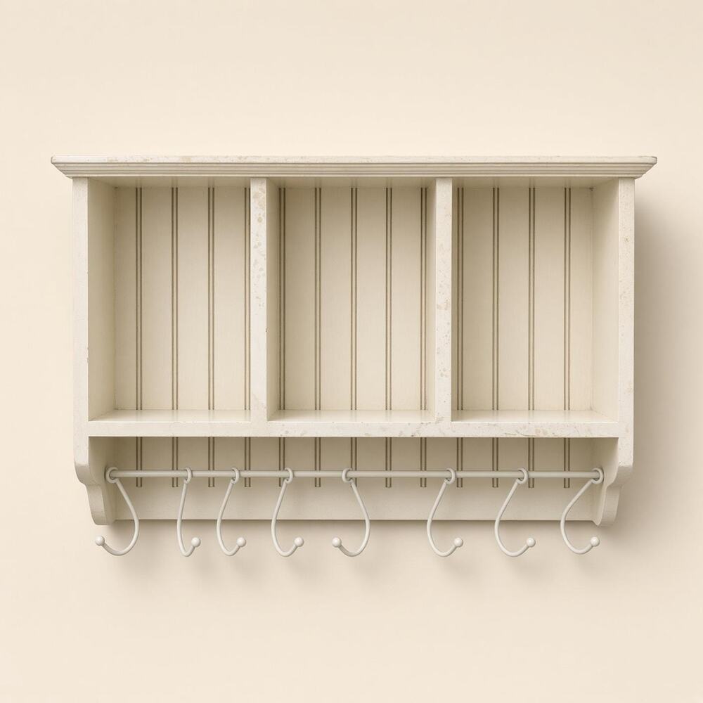 Cream Painted Wood Wall Shelf 3 Cubbies 8 Hooks Farmhouse Mudroom Organizer